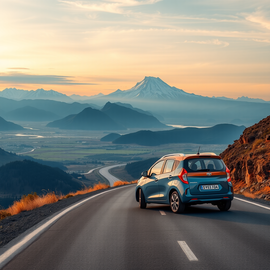 Vista panorámica de una carretera escénica en Argentina con un auto moderno en primer plano, simbolizando el viaje y la exploración.