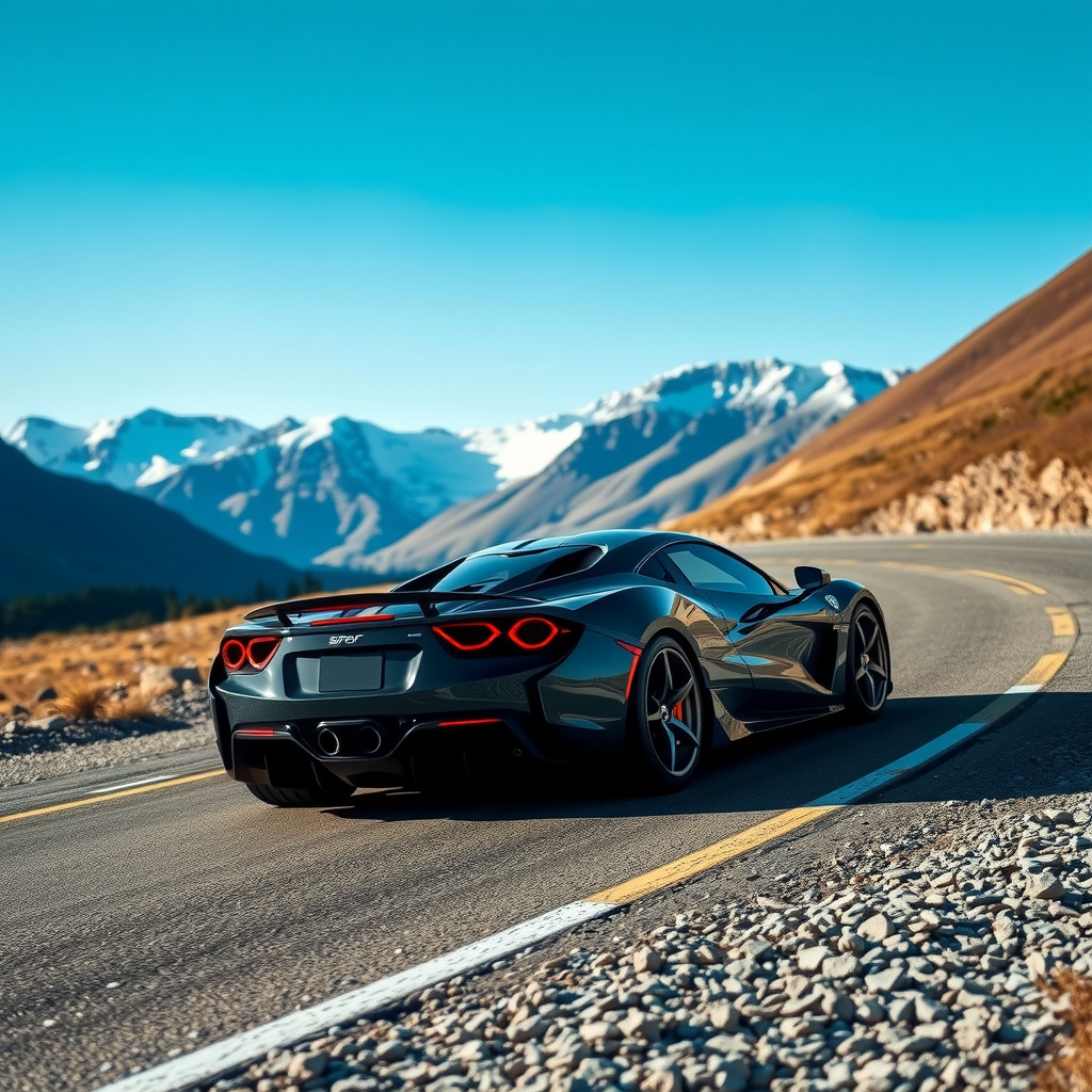 Un auto deportivo recorriendo un camino sinuoso en la Patagonia, con montañas nevadas al fondo bajo un cielo despejado.