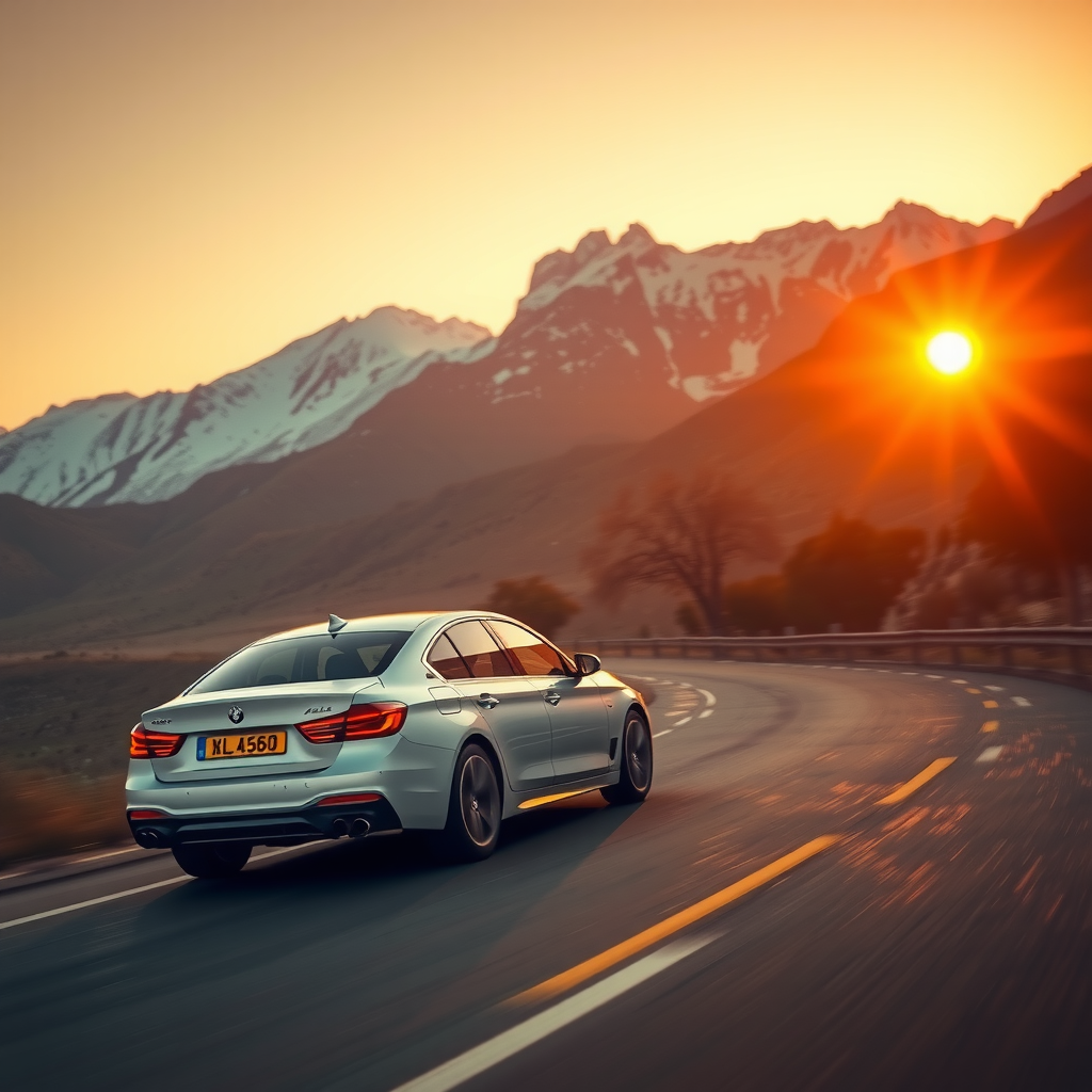 Un coche sedán moderno conduciendo por una carretera sinuosa al atardecer con las majestuosas montañas de los Andes de fondo.