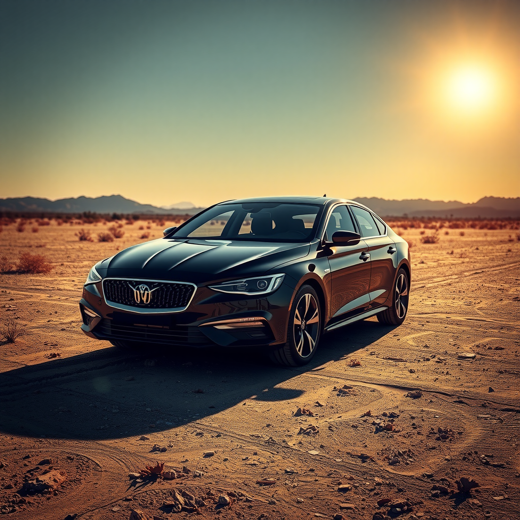 Un sedán de color oscuro estacionado bajo el sol abrasador en un paisaje árido del norte de Argentina, con el aire ondulando por el calor.