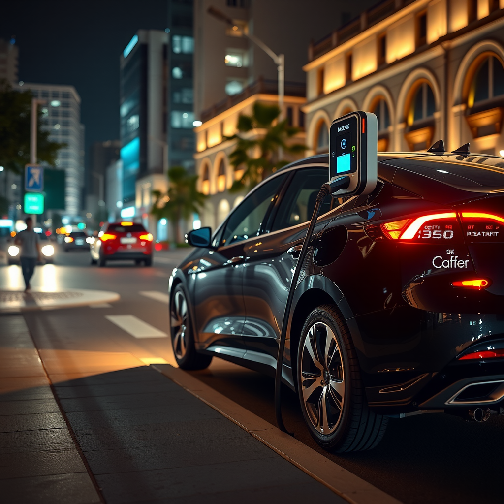 Vehículo eléctrico moderno conectado a una estación de carga en una calle iluminada de Buenos Aires por la noche, simbolizando la inversión en infraestructura urbana.