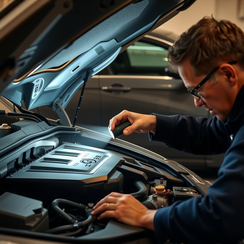 Una persona inspeccionando el motor de un auto de segunda mano con una linterna, enfocándose en los detalles mecánicos.