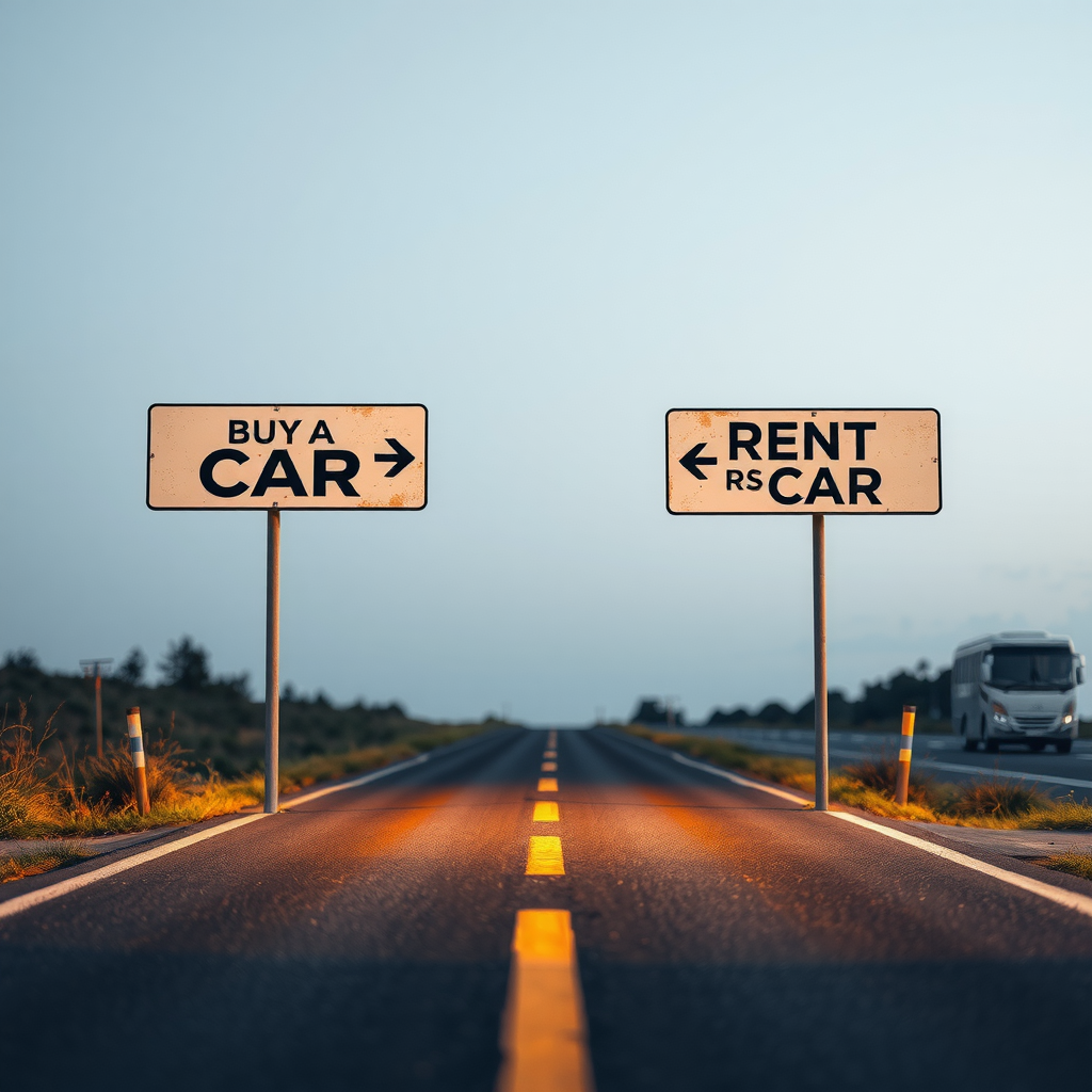 Una bifurcación en la carretera con señales que apuntan hacia 'Comprar Coche' y 'Alquilar Coche', simbolizando la decisión financiera.