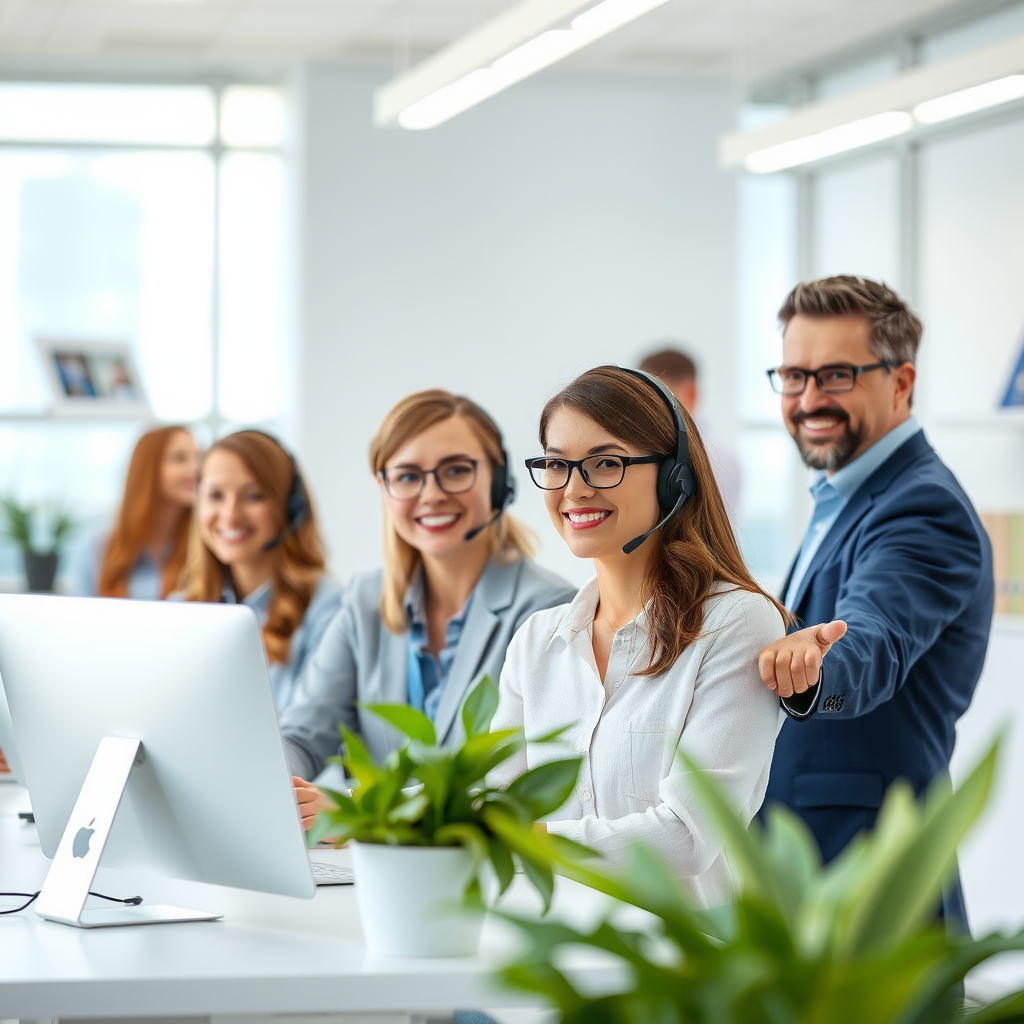 Un equipo de profesionales de servicio al cliente sonriendo y ayudando a un cliente en una oficina moderna y luminosa.