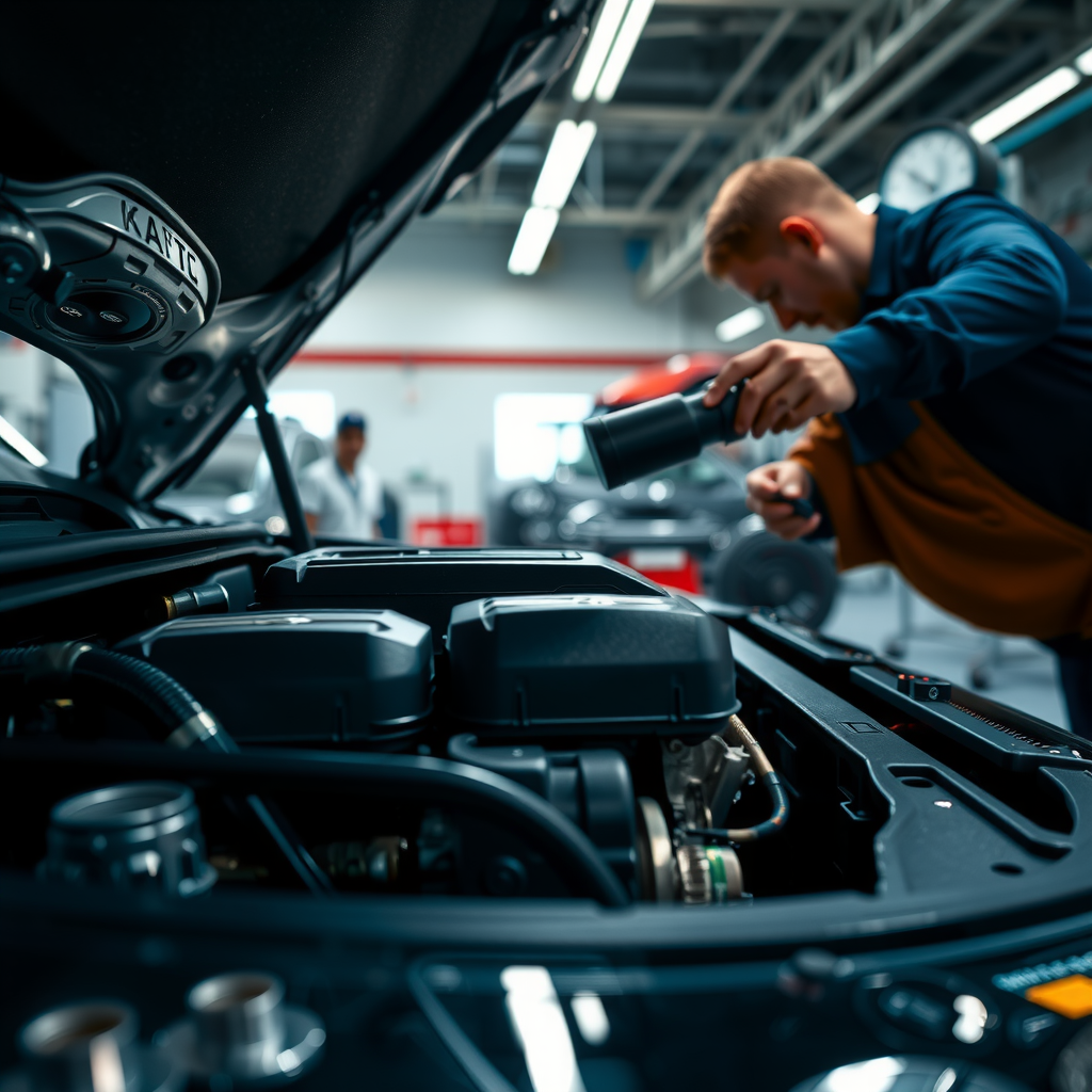 Un primer plano del motor de un auto siendo revisado por un mecánico en un taller moderno y bien iluminado.