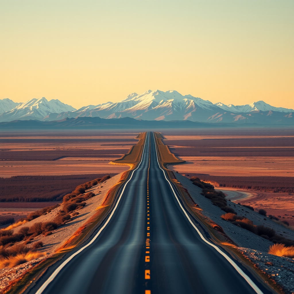 La emblemática Ruta 40 extendiéndose como una cinta recta a través de la vasta y árida estepa patagónica, con picos nevados en el horizonte lejano.