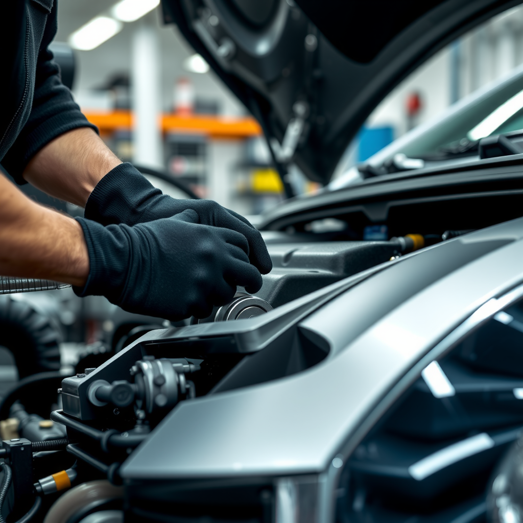 Primer plano de las manos de un mecánico con guantes, utilizando una llave para ajustar una pieza del motor de un coche moderno en un taller bien iluminado.