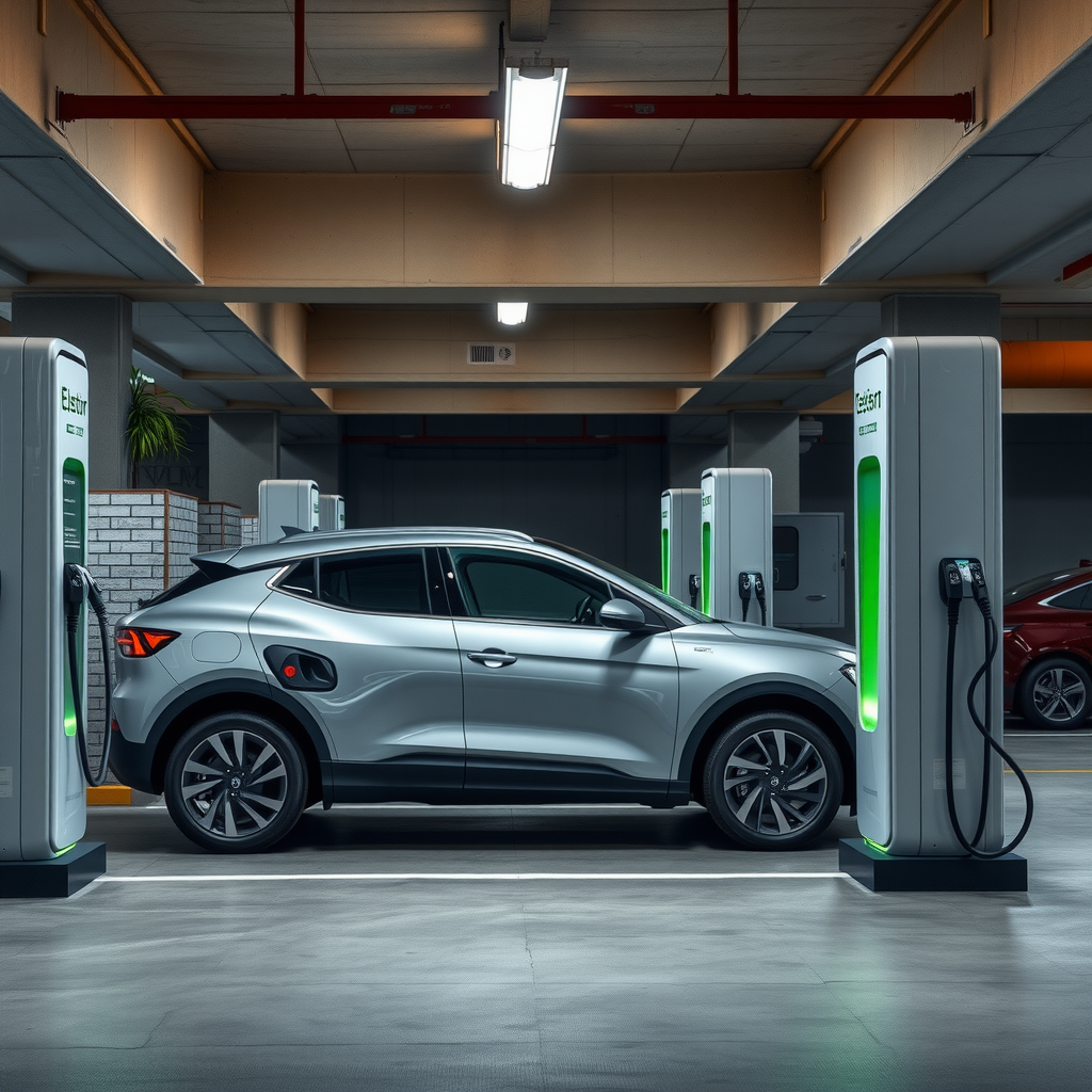 Estación de carga para vehículos eléctricos en un estacionamiento subterráneo, con varios puestos disponibles, mostrando el crecimiento de la red de carga.