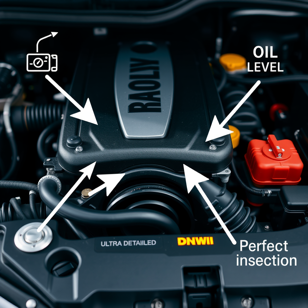 Primer plano del motor de un coche, con flechas y etiquetas imaginarias señalando puntos clave de inspección como el nivel de aceite, las correas y las mangueras.