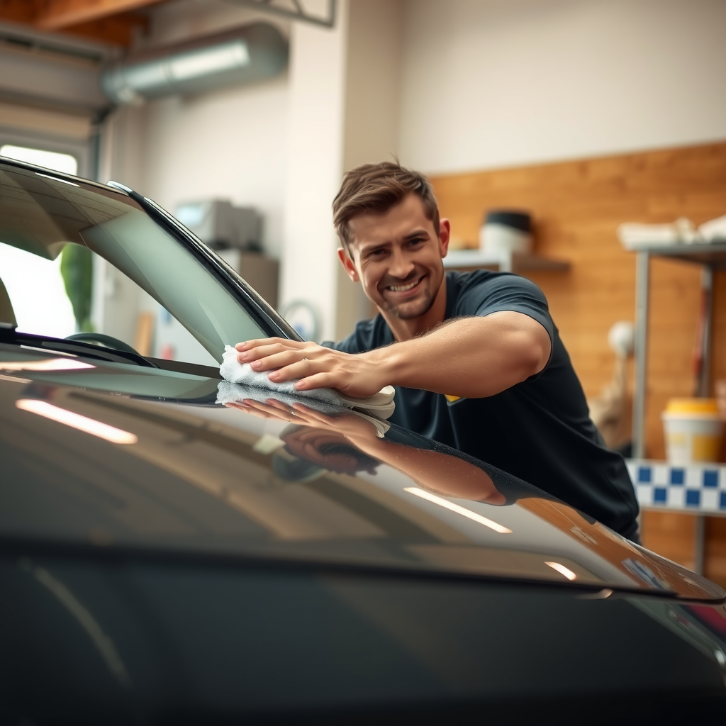 Una persona sonriente puliendo su coche nuevo y reluciente en el garaje de su casa, representando el orgullo de la propiedad.