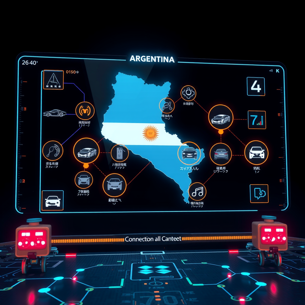 Una imagen futurista que muestra una interfaz digital interactiva con un mapa de Argentina y varios íconos de autos conectados.