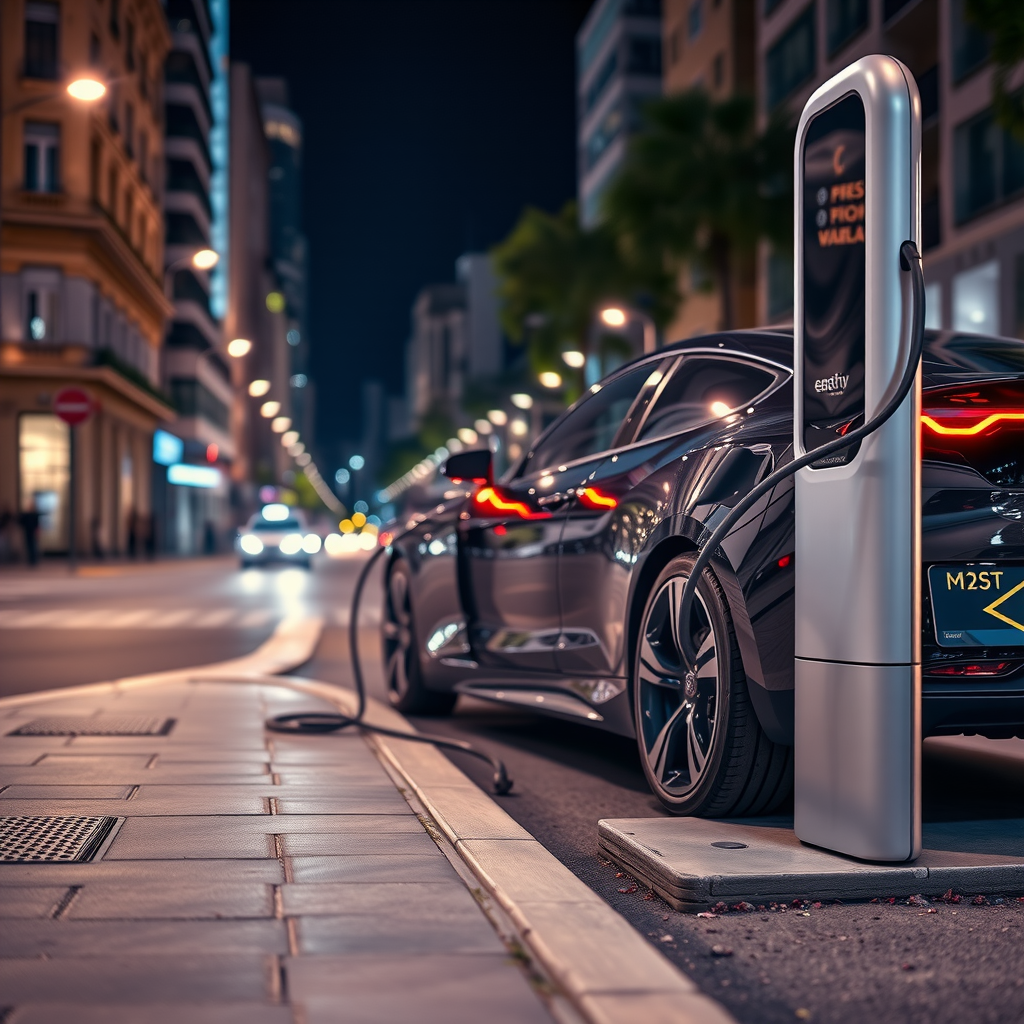 Un vehículo eléctrico elegante conectado a una estación de carga en una calle de Buenos Aires por la noche, con luces urbanas desenfocadas.