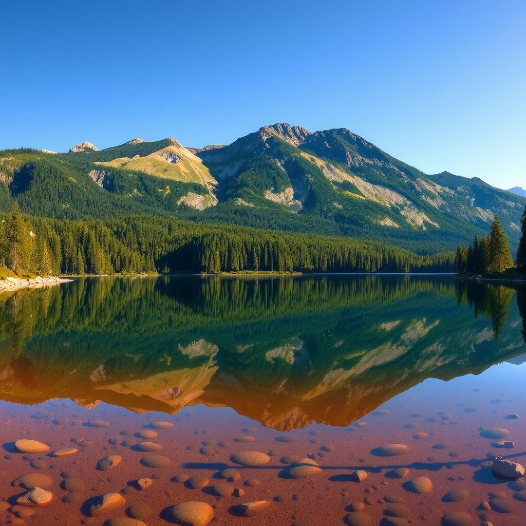 Vista panorámica del Lago Espejo en el Camino de los Siete Lagos, con sus aguas cristalinas reflejando perfectamente el denso bosque de coihues y las montañas circundantes.