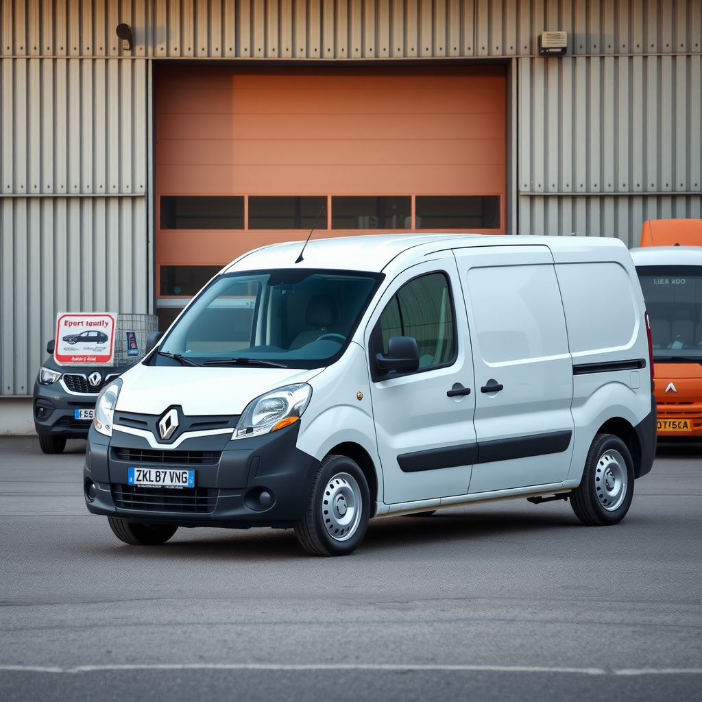 Una furgoneta Renault Kangoo Z.E. blanca estacionada frente a un depósito comercial, lista para iniciar su ruta de reparto urbano.