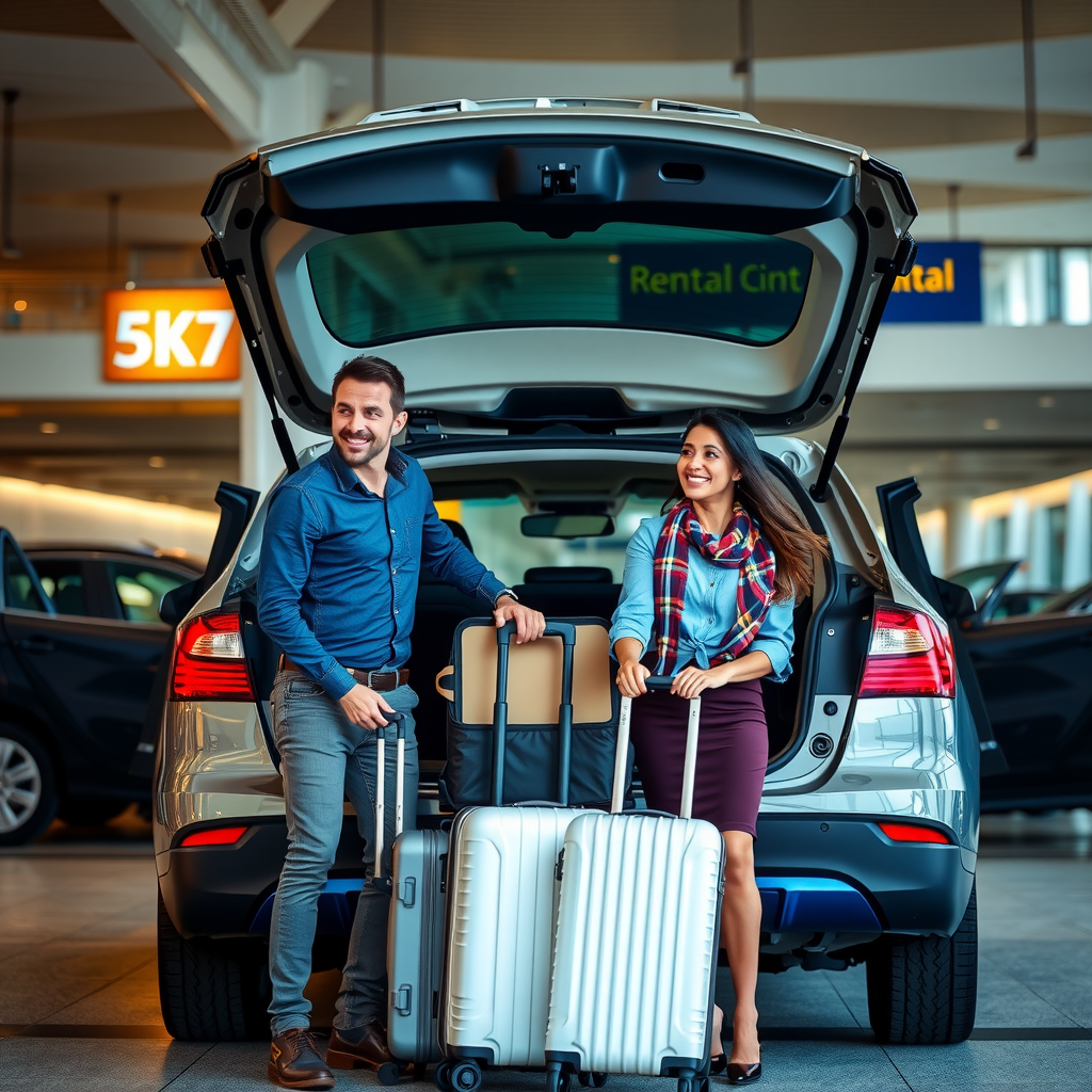Una pareja feliz cargando maletas en un coche de alquiler moderno frente a una terminal de aeropuerto, listos para sus vacaciones.