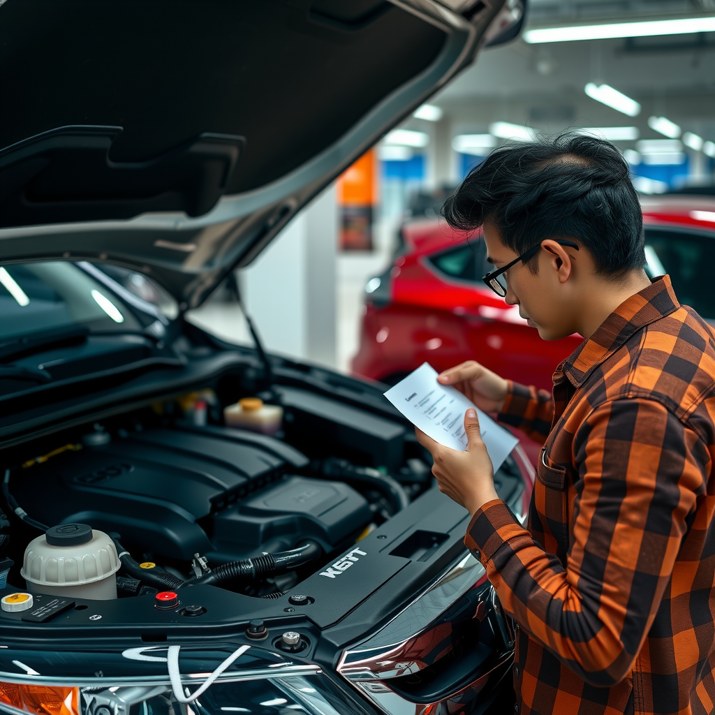 Una persona con una lista de verificación inspeccionando el motor de un auto de segunda mano en un concesionario.