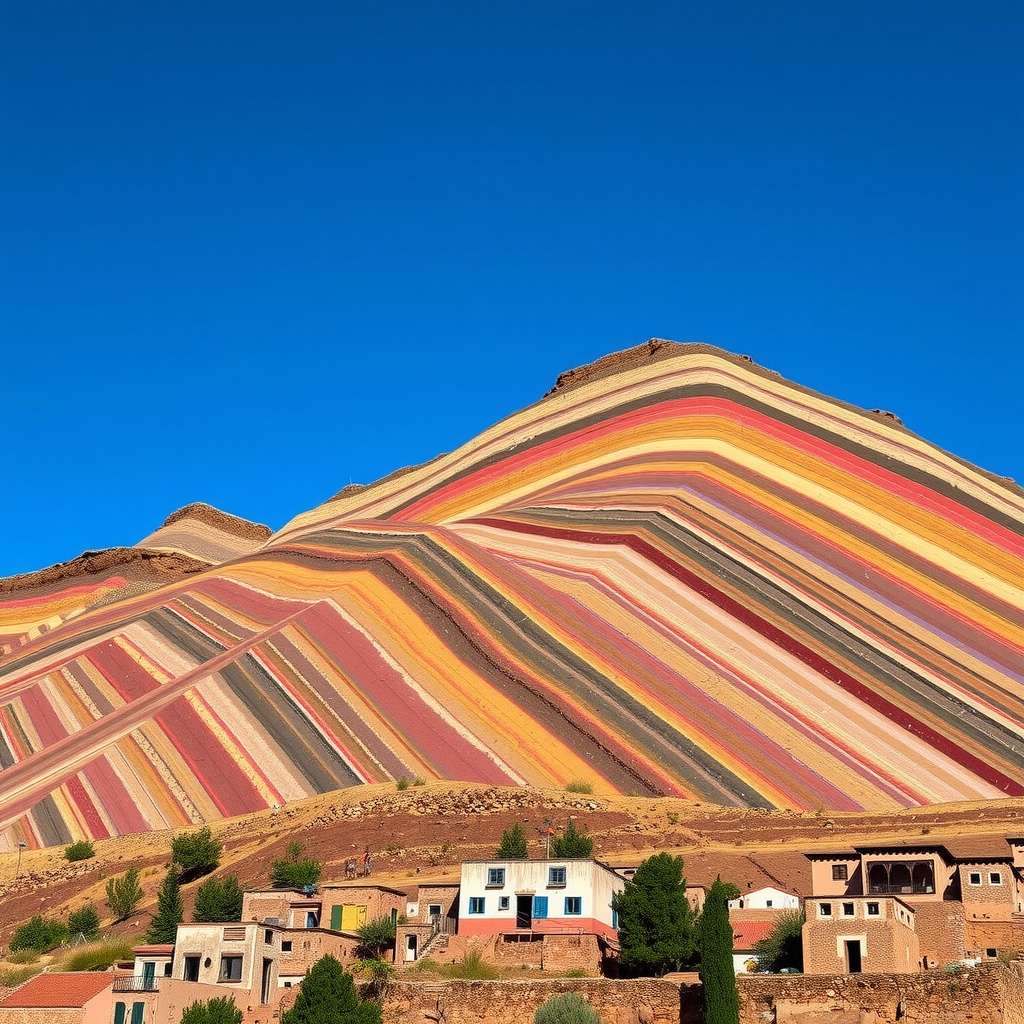 El Cerro de los Siete Colores en Purmamarca, Jujuy, con sus estratos de colores vibrantes bajo un cielo azul intenso, y el pequeño pueblo de adobe a sus pies.