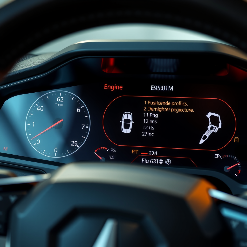 Vista detallada del tablero digital de un vehículo moderno, mostrando información de diagnóstico del motor y alertas del sistema en una pantalla brillante.