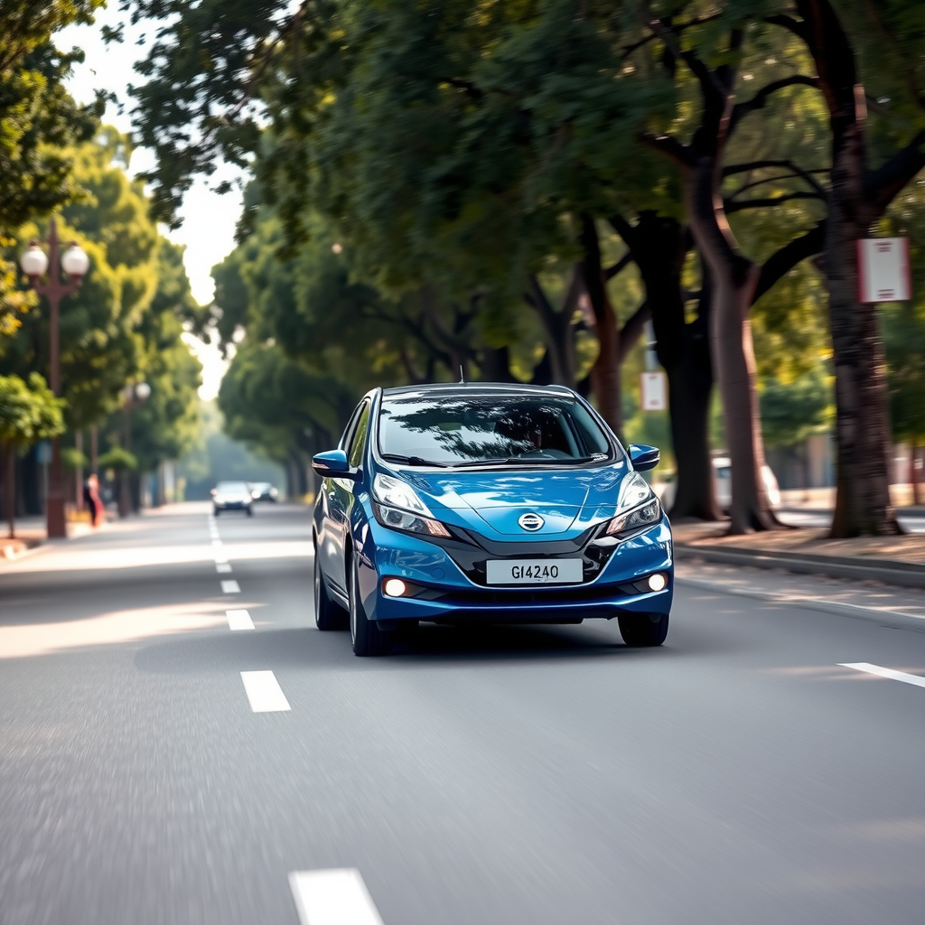 Un Nissan Leaf de color azul eléctrico circulando por una avenida arbolada en la ciudad de Córdoba, representando la movilidad sostenible para particulares.