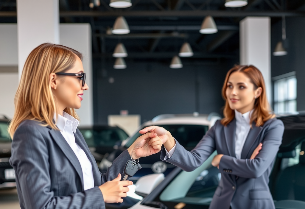 Un profesional de negocios entregando las llaves de su coche de leasing al final del contrato en un concesionario, listo para elegir un nuevo modelo.