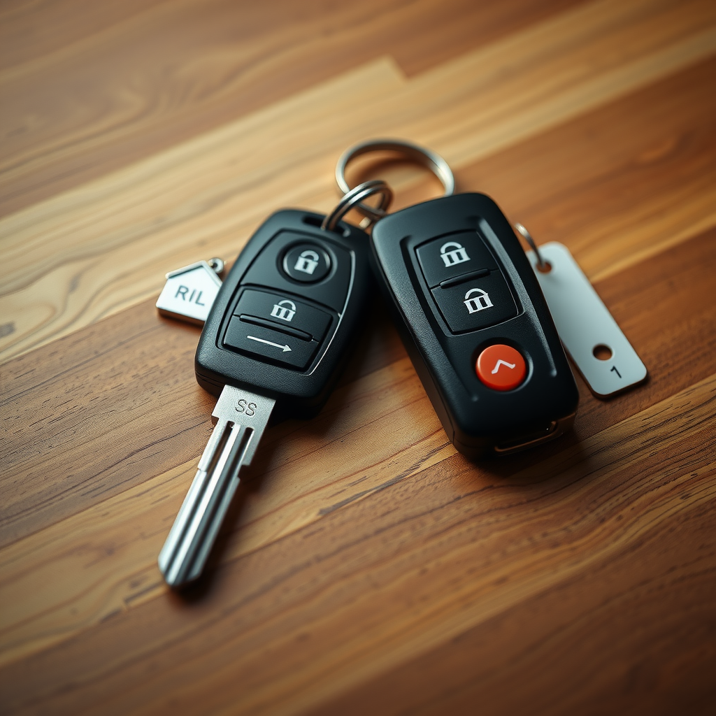 Dos juegos de llaves de auto sobre una mesa de madera, una con un llavero de una casa y la otra con una etiqueta de alquiler.