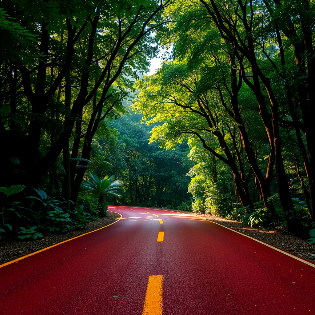 Una carretera de asfalto rojo serpenteando a través de la densa y verde selva misionera, con la luz del sol filtrándose a través del dosel de los árboles.