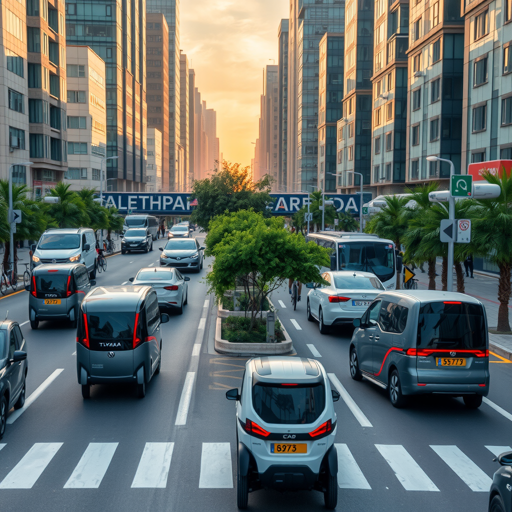 Visión futurista de una ciudad argentina con tráfico fluido de vehículos eléctricos autónomos, ciclovías y espacios verdes, ilustrando un futuro urbano sostenible.